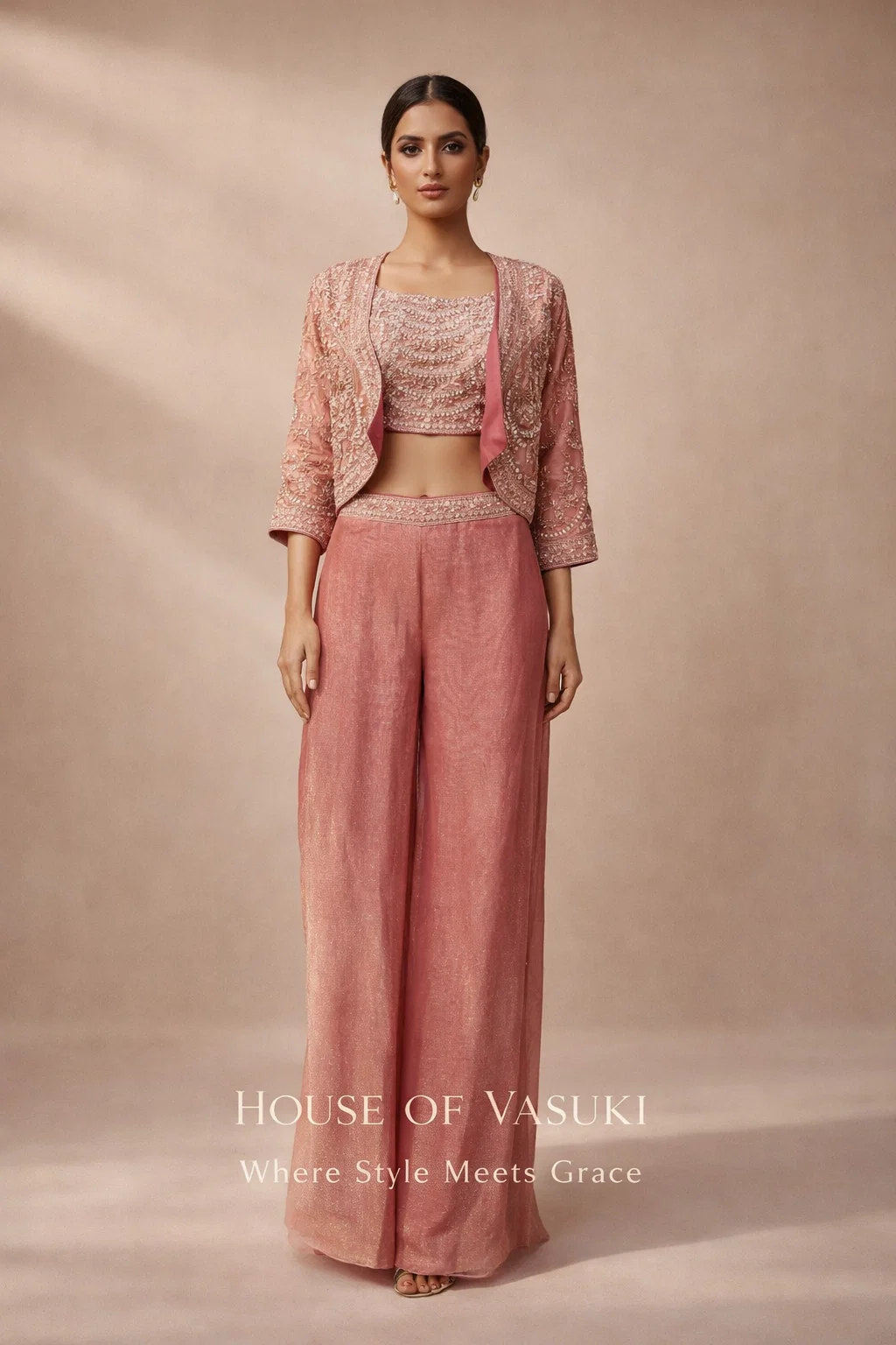 Royal Rose Gold Indo-Western Jacket Set with Palazzo