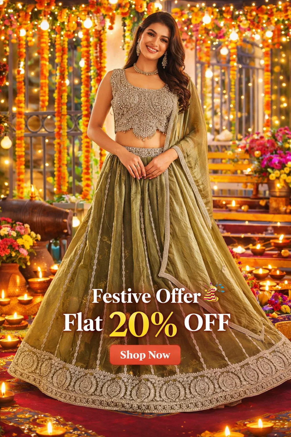 Royal Olive Gold Embroidered Lehenga Choli Set