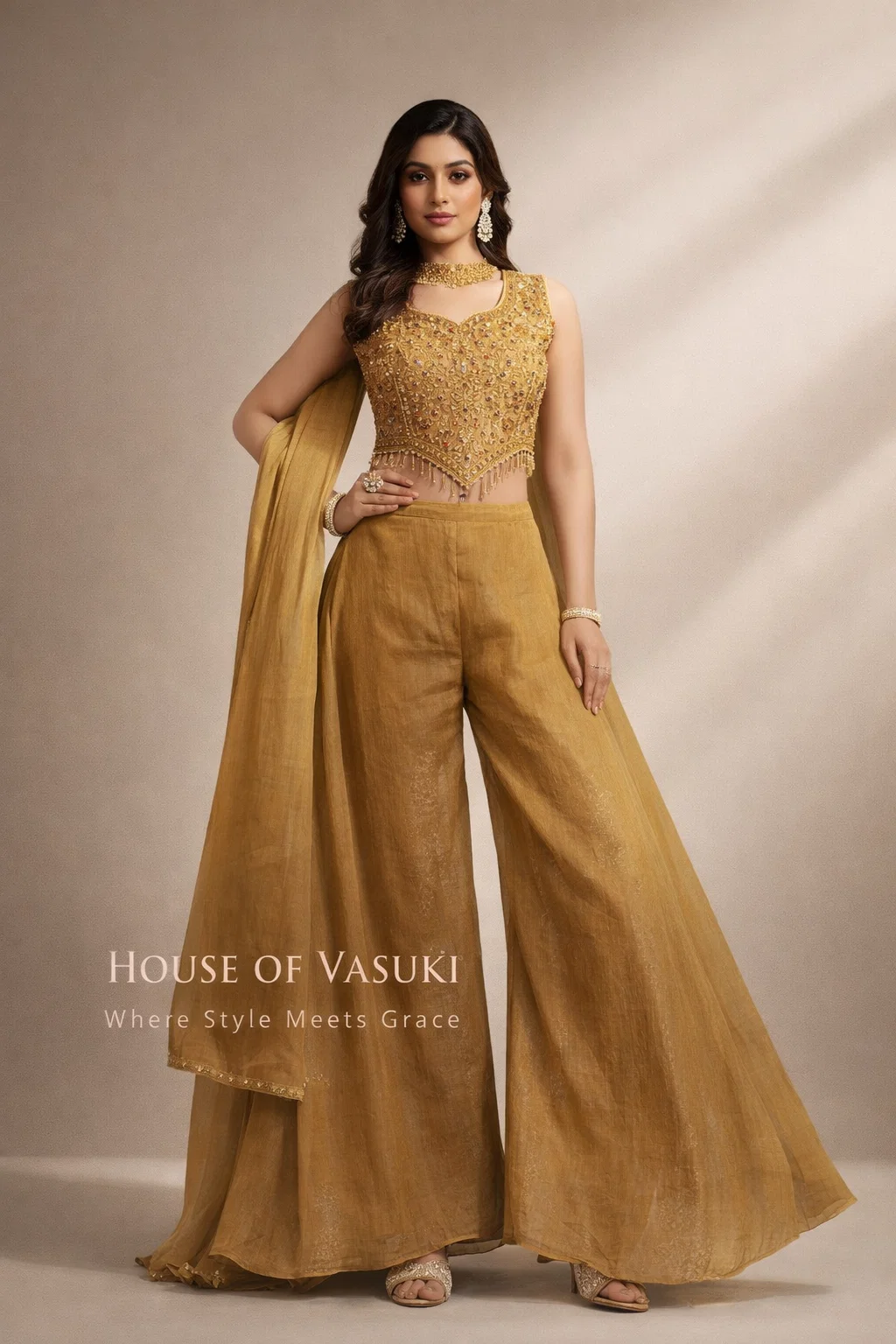 Royal Antique Gold Designer Palazzo Set with Embroidered Blouse