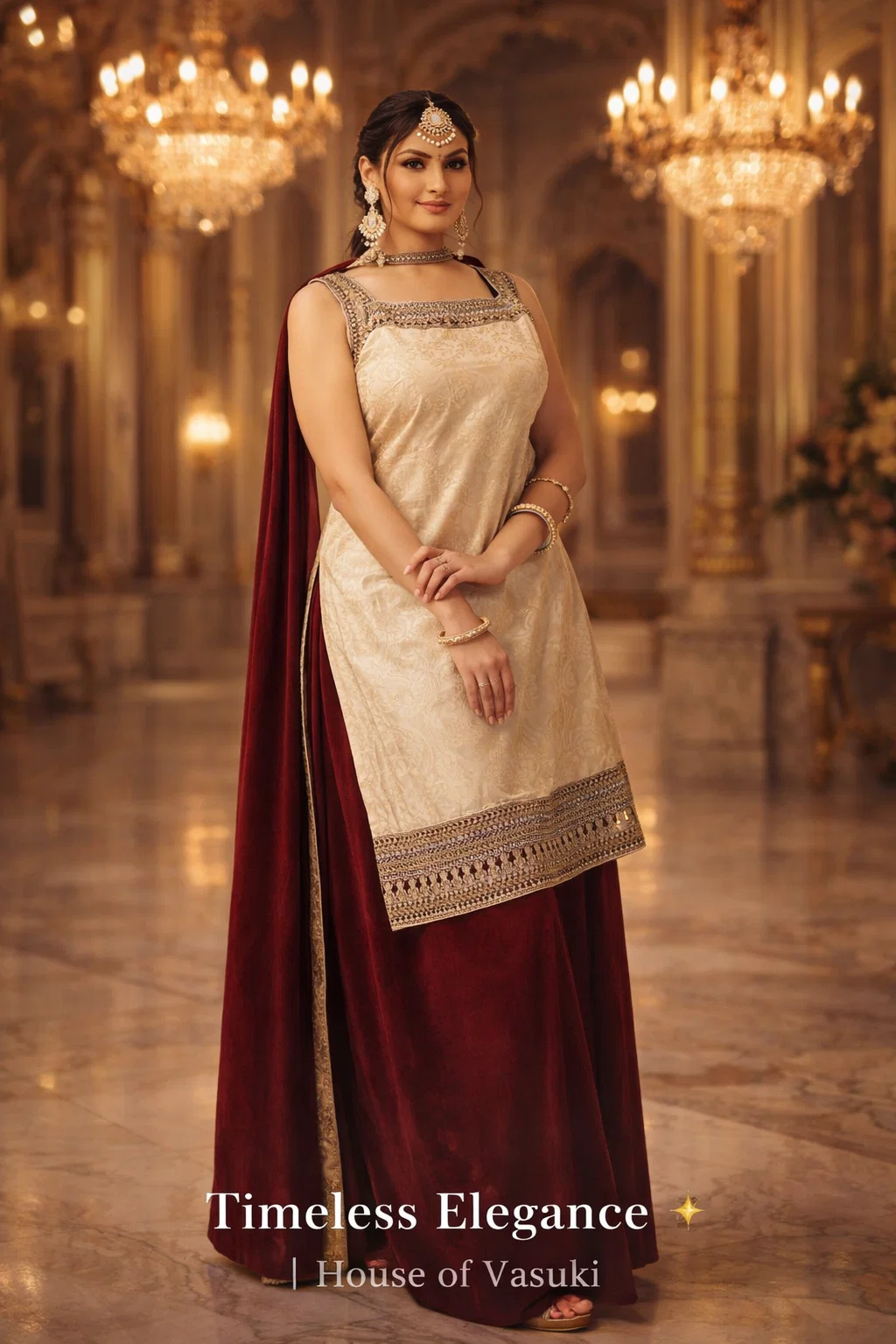 Royal Ivory Wine Designer Kurta Lehenga Set