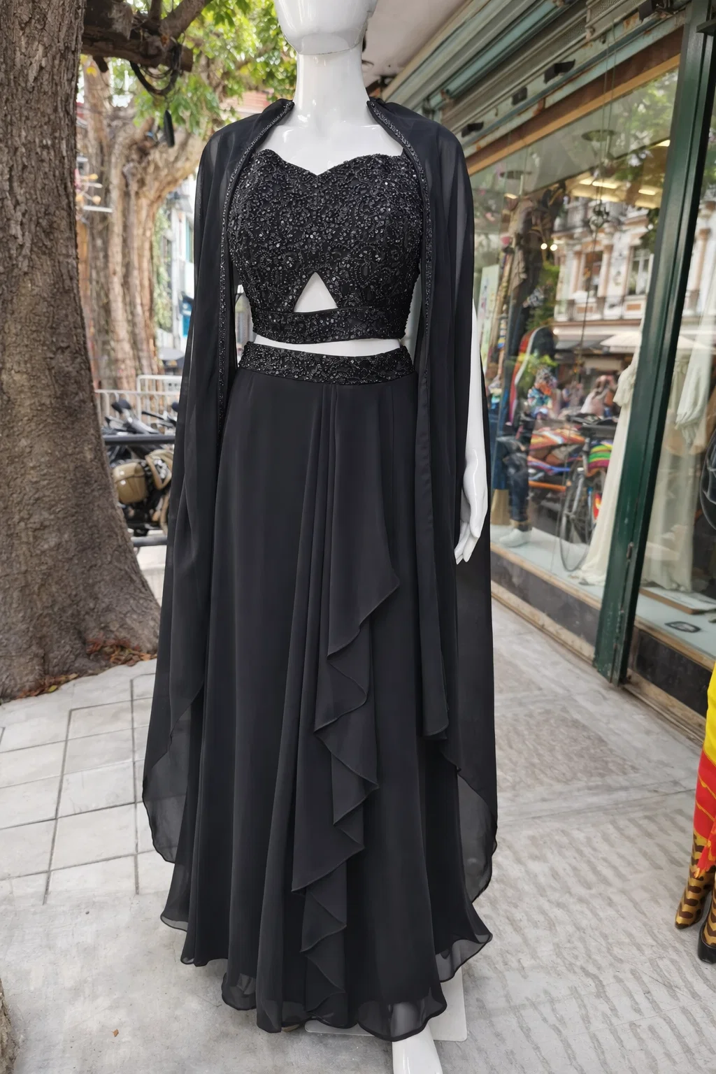 Black Embellished Cape Lehenga Set