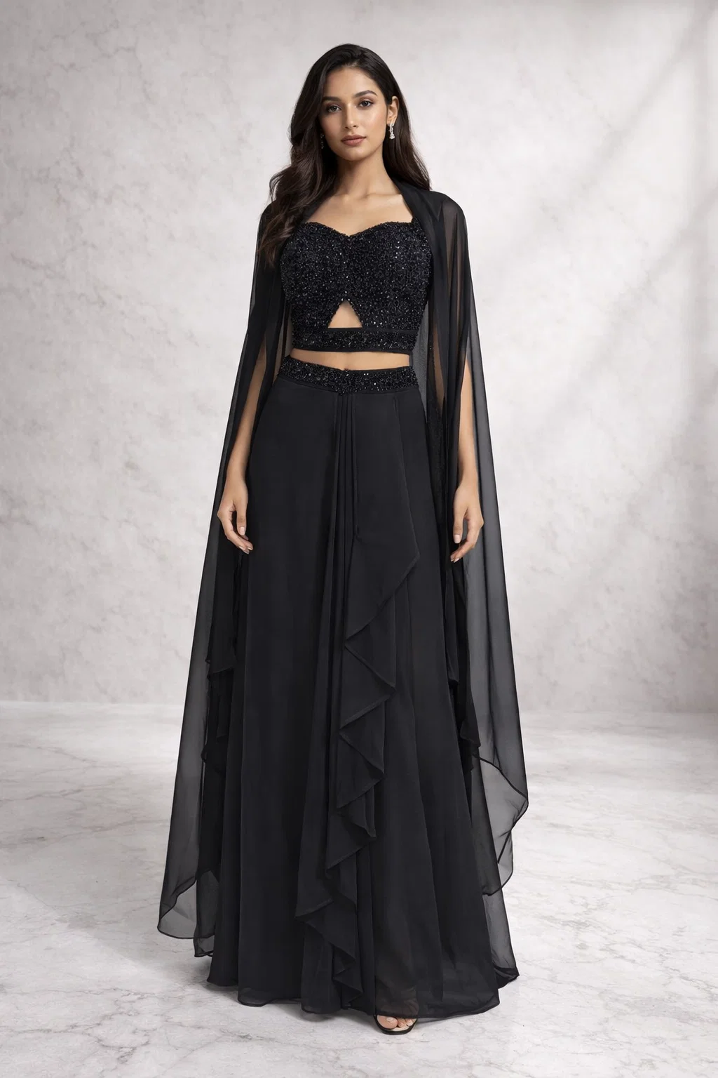 Black Embellished Cape Lehenga Set