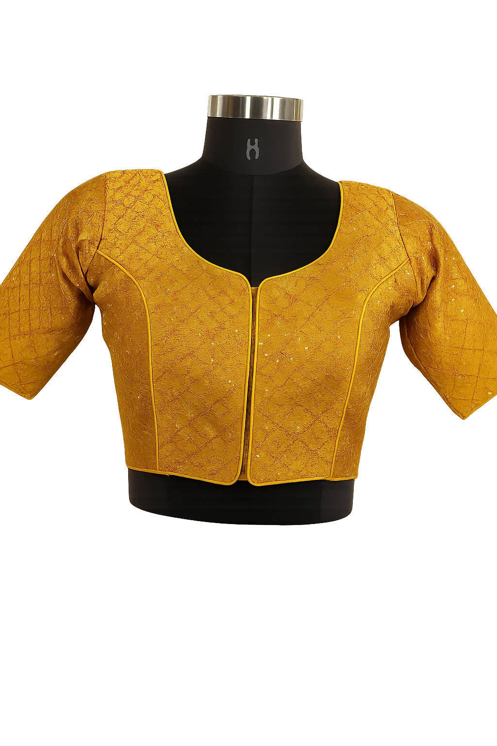 Mustard Yellow Textured Silk Designer Blouse with Square Neck & Back Dori Tie-Up