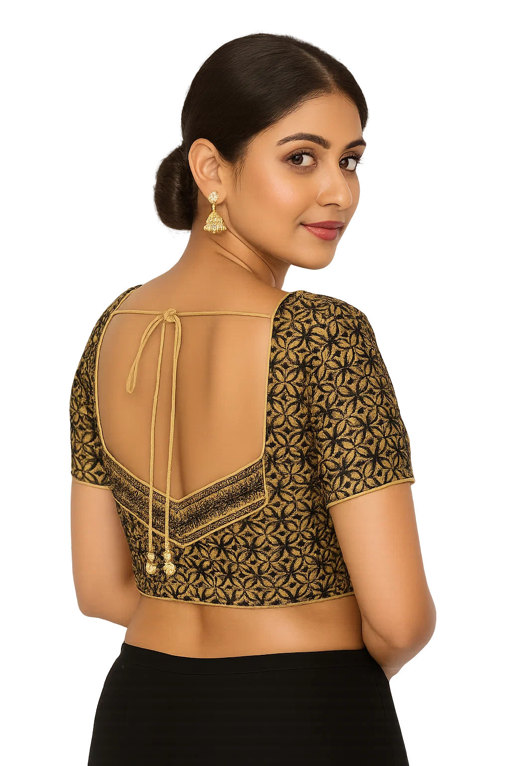 Black & Gold Brocade Embroidered Designer Blouse with Deep Back Tie
