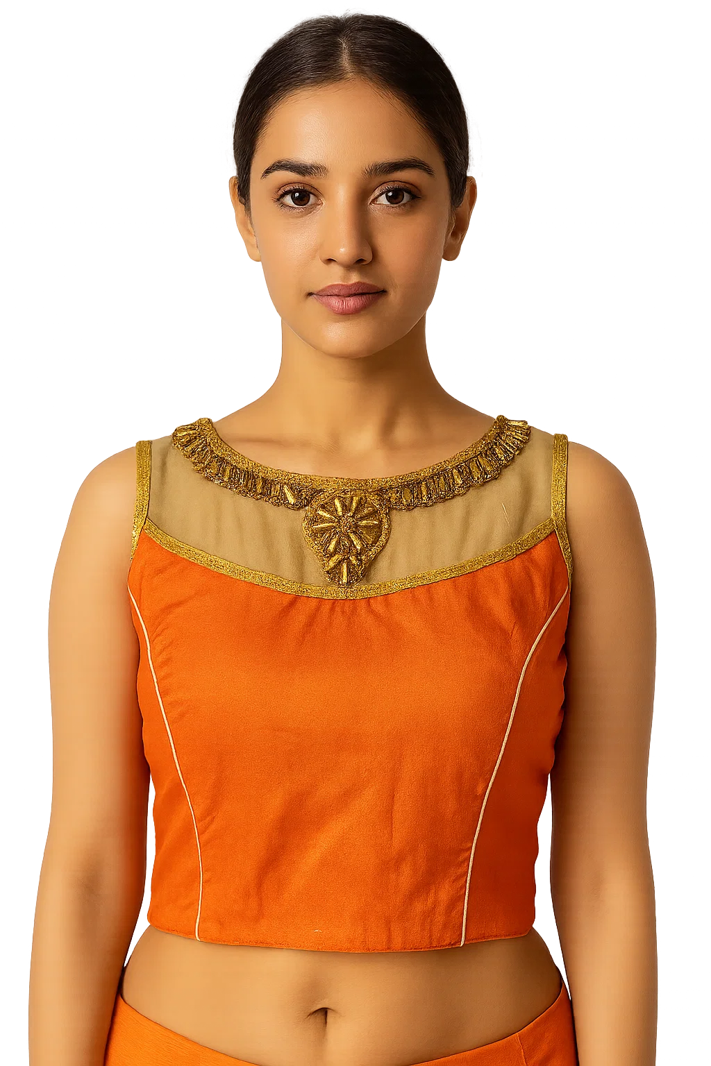 Rust Orange Velvet Back-Tie Saree Blouse with Golden Border – Party & Festive Wear