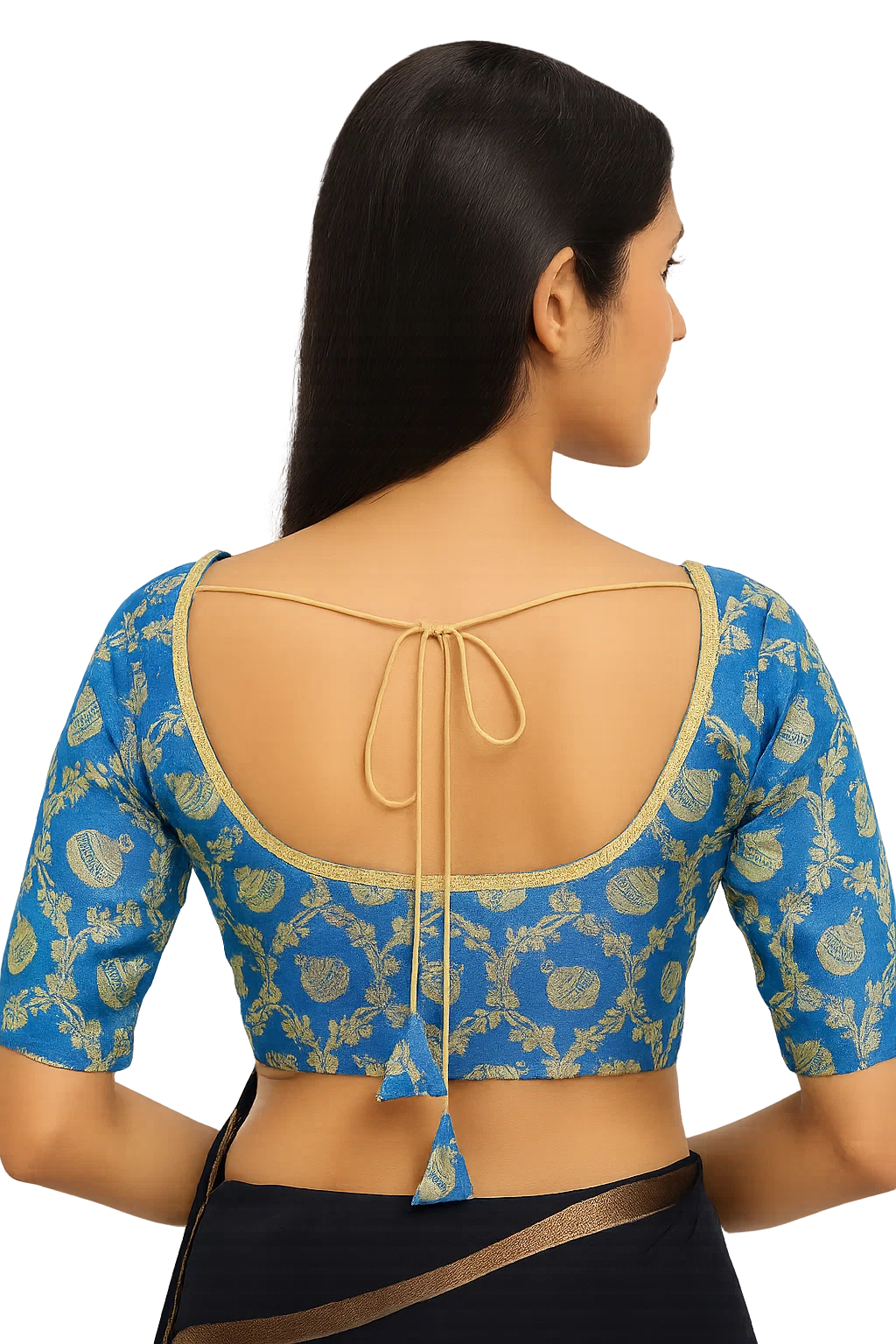 Royal Blue Brocade Silk Designer Blouse with Golden Zari Weaving & Back Dori