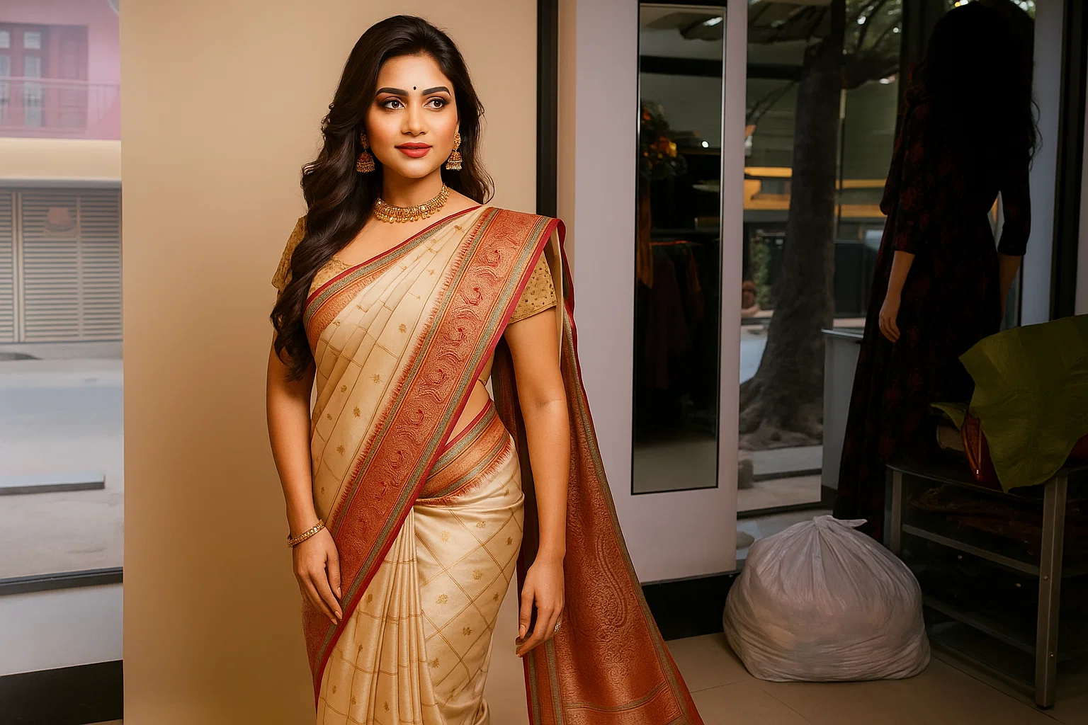 Classic Cream Soft Silk Saree with Rich Maroon Zari Border & Pallu
