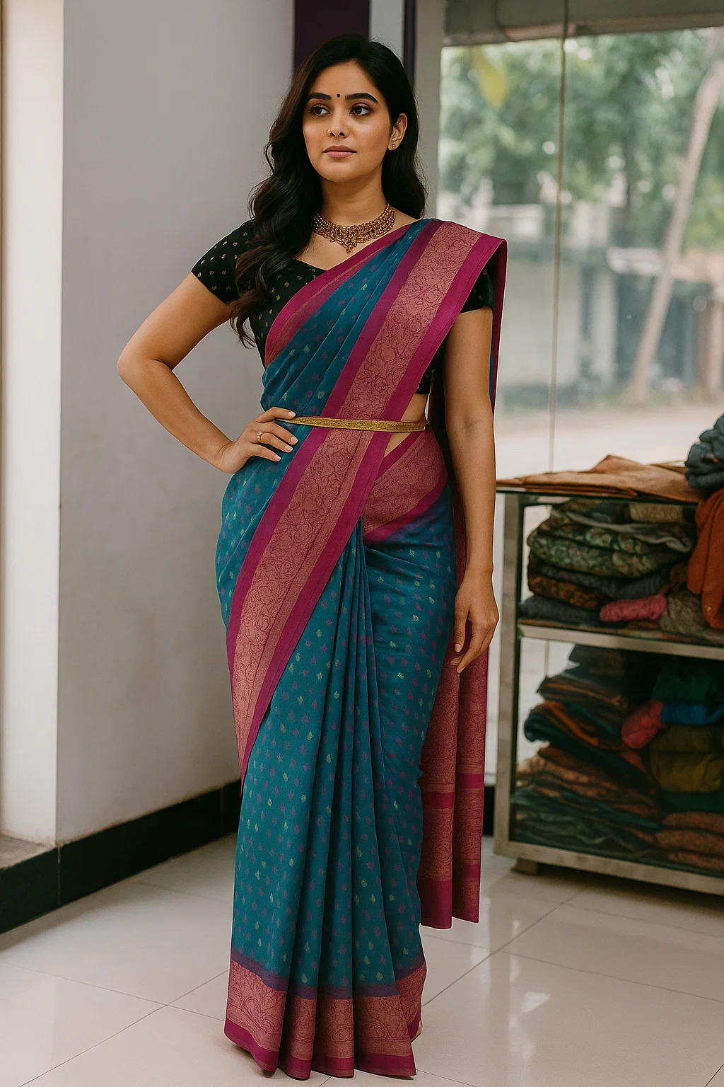 Teal Blue Soft Silk Saree with Magenta Zari Border & Woven Butta Motifs