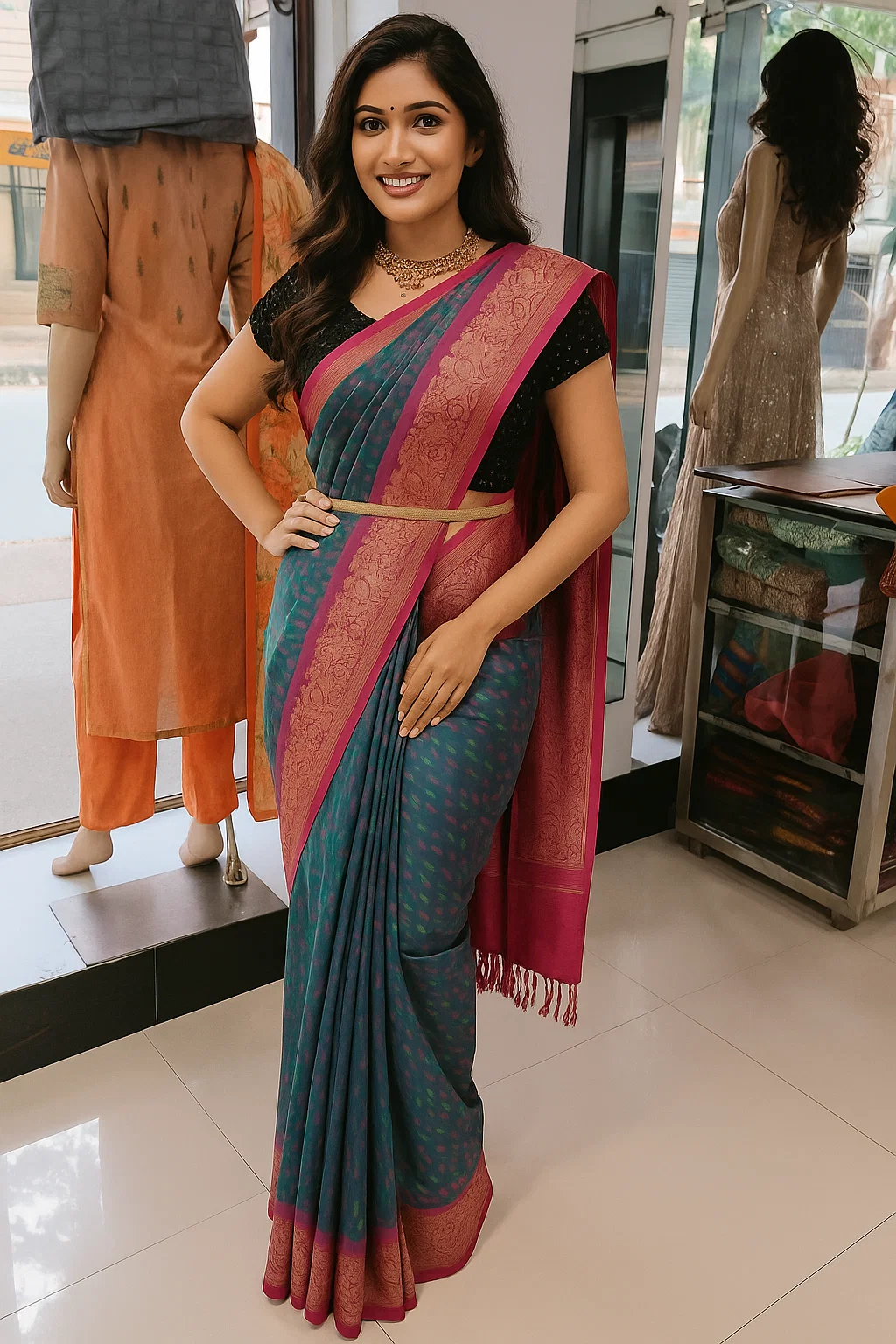 Teal Blue Soft Silk Saree with Magenta Zari Border & Woven Butta Motifs