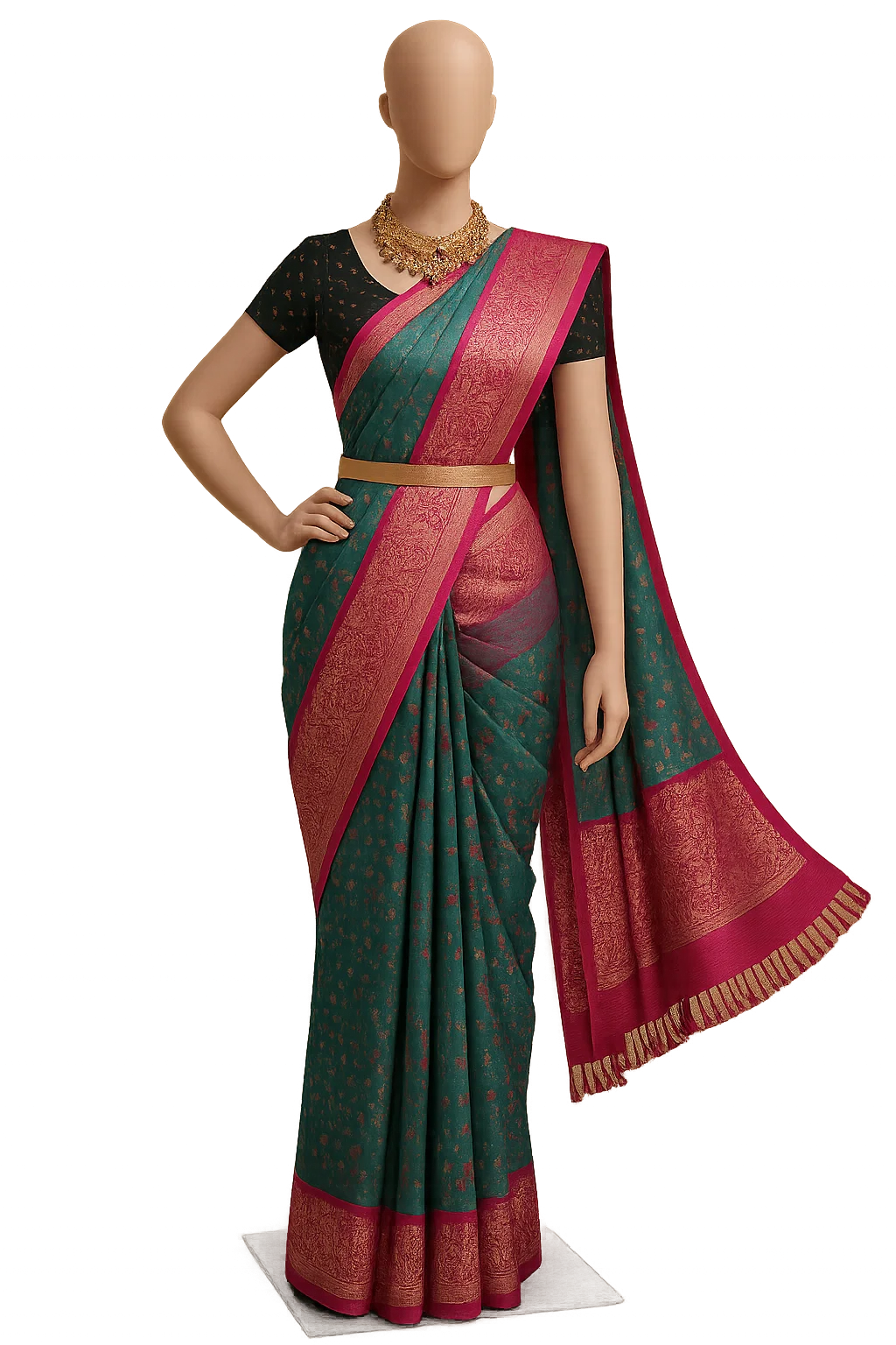 Teal Blue Soft Silk Saree with Magenta Zari Border & Woven Butta Motifs