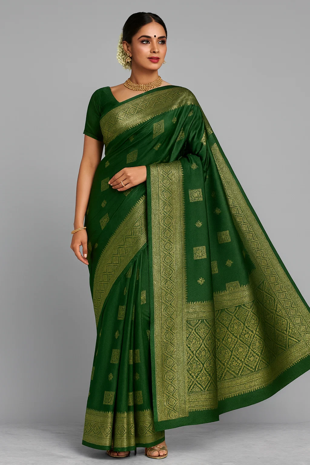 Emerald Green Banarasi Silk Saree with Antique Gold Zari Border