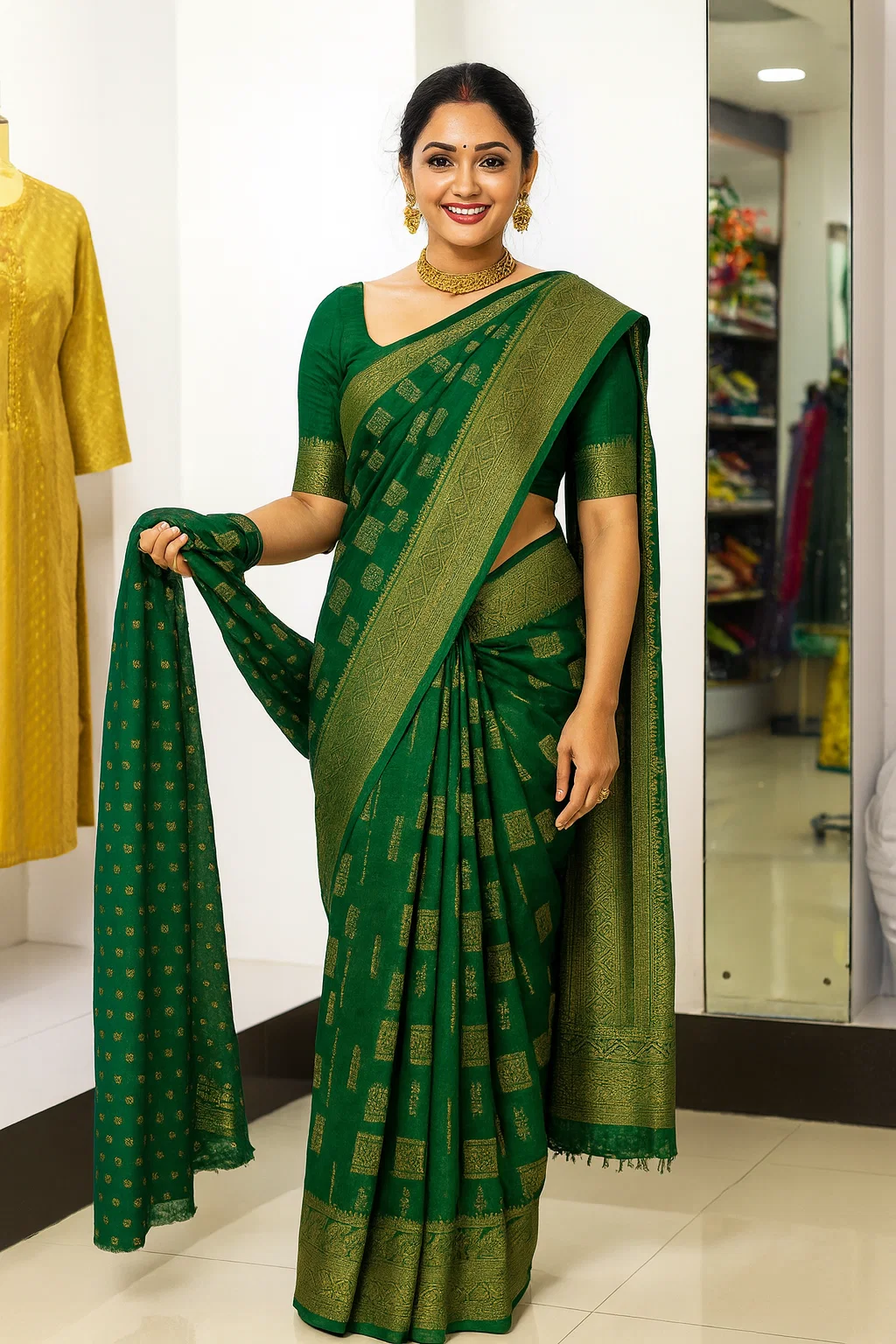 Emerald Green Banarasi Silk Saree with Antique Gold Zari Border