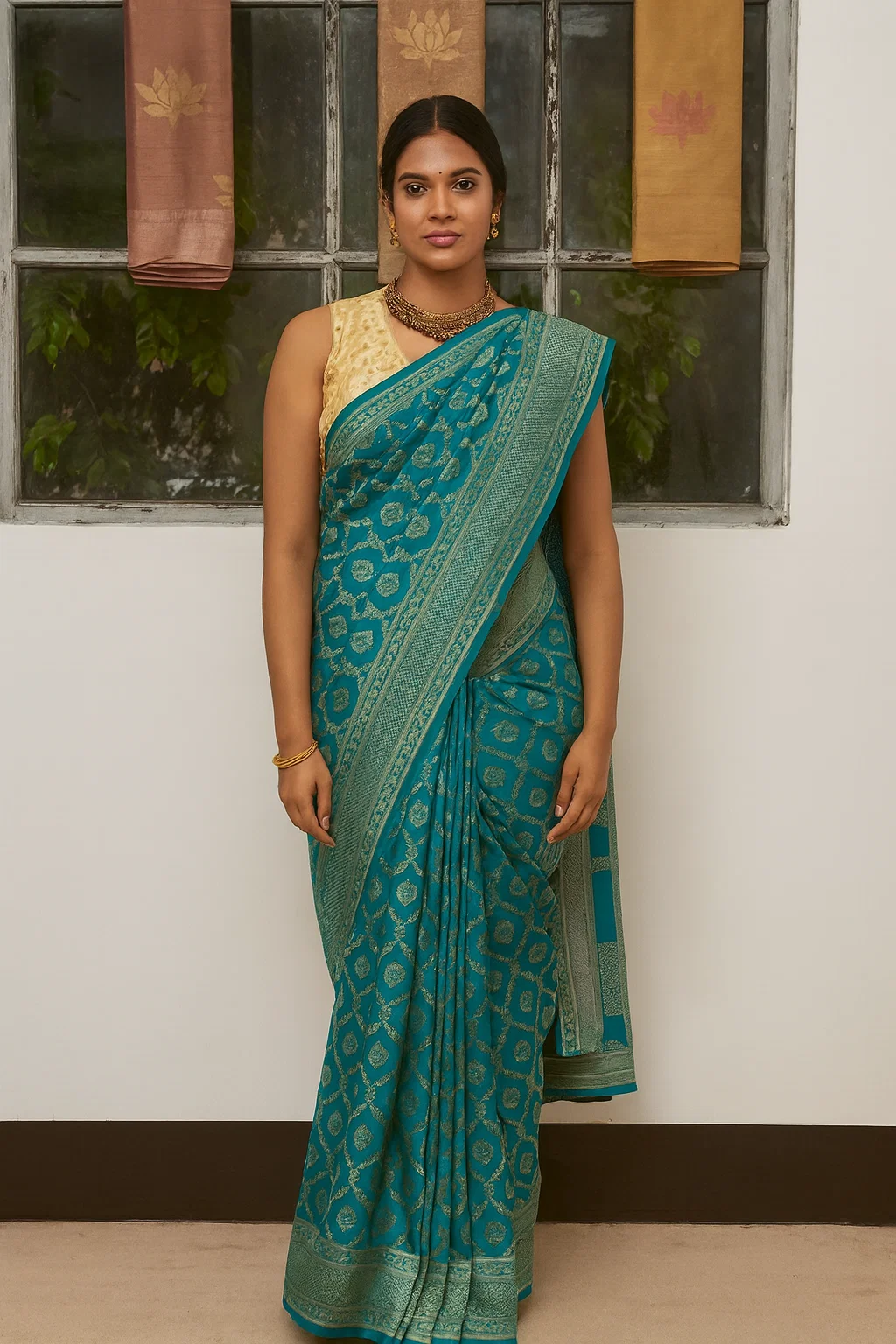 Emerald Green Banarasi Silk Saree with Intricate Golden Zari Floral Weaving