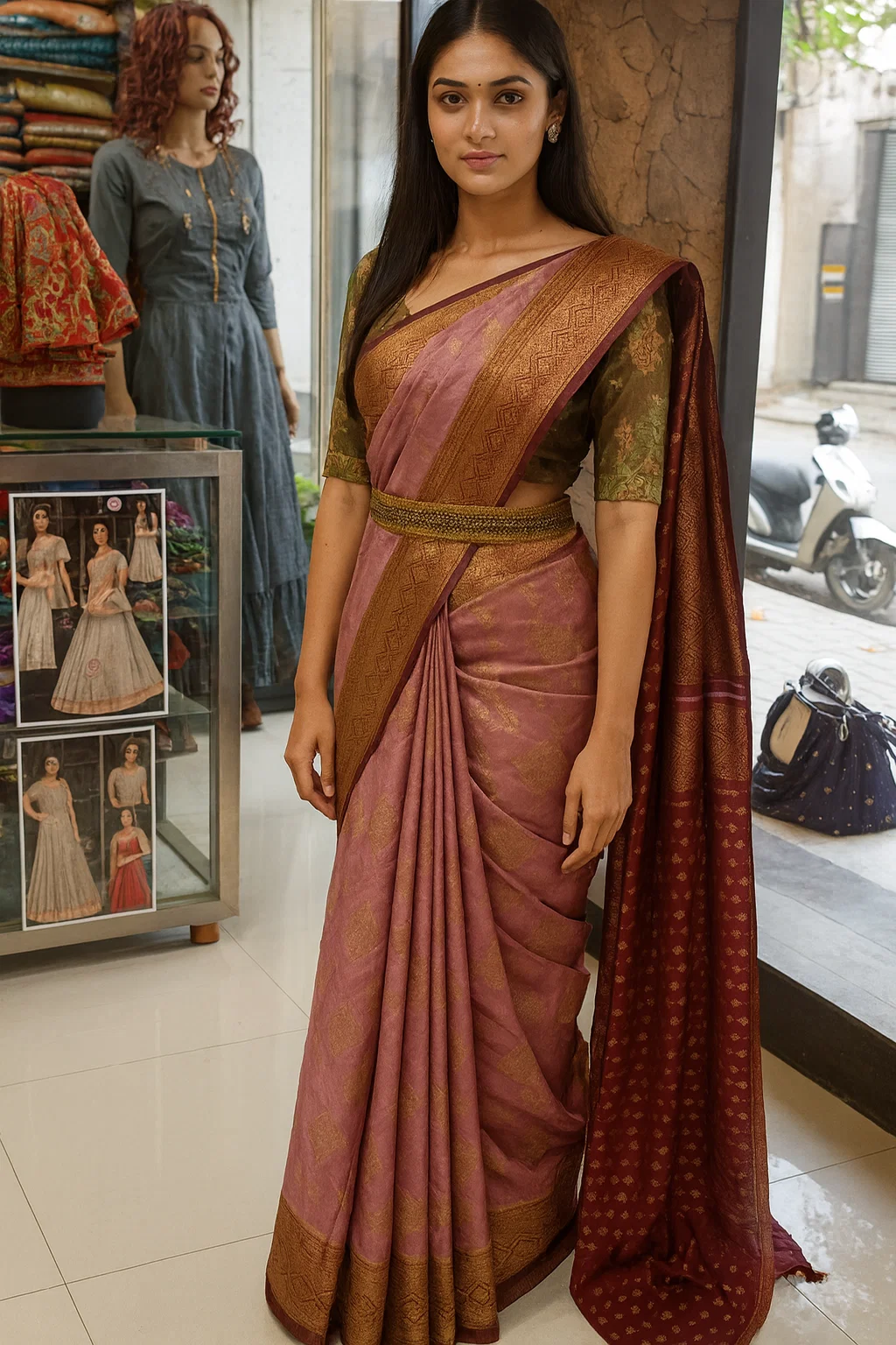 Dusty Rose Soft Silk Saree with Antique Gold Zari Border & Maroon Pallu