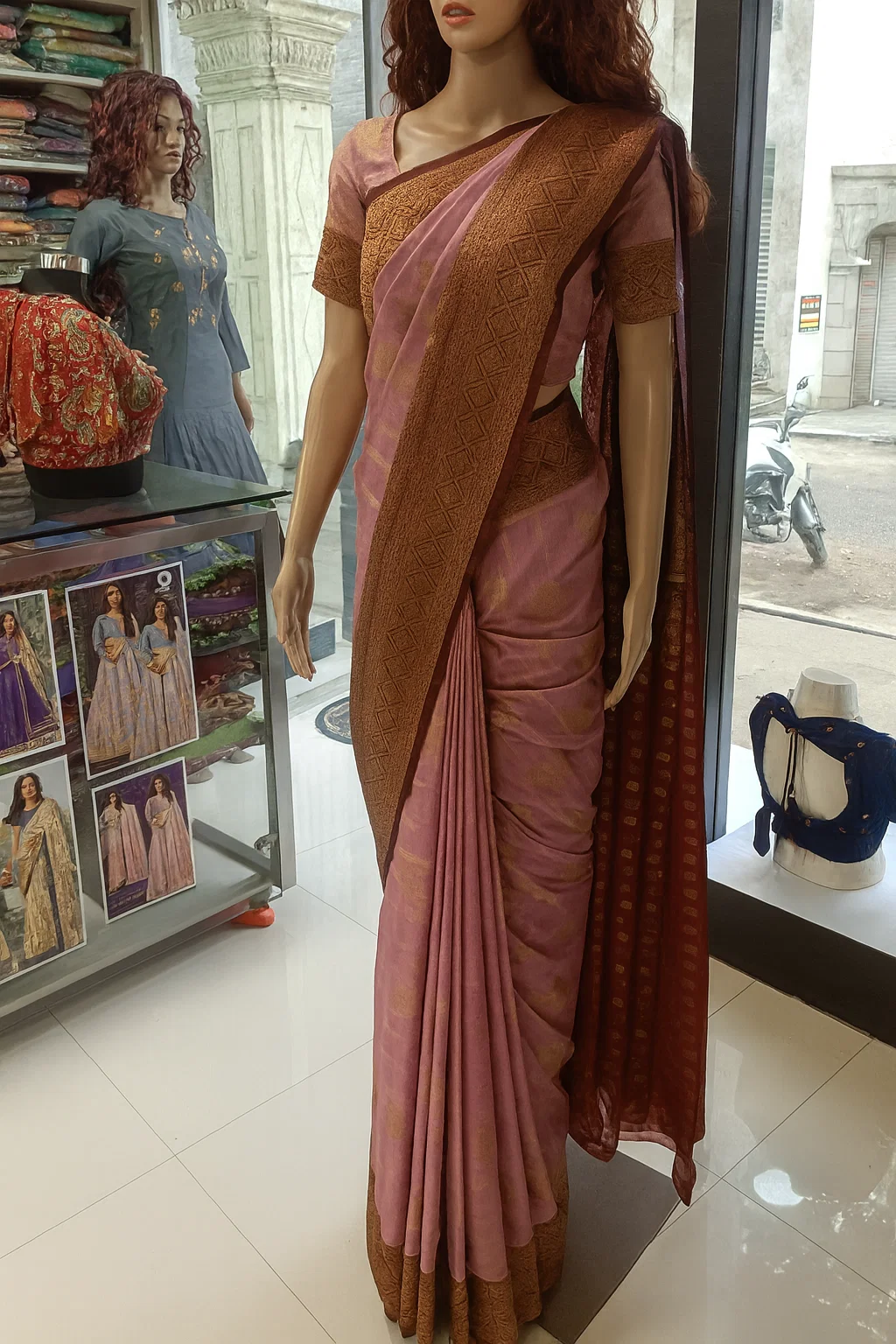 Dusty Rose Soft Silk Saree with Antique Gold Zari Border & Maroon Pallu