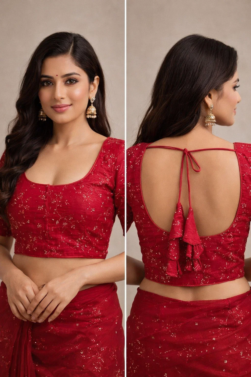 Red Sequins Embellished Padded Saree Blouse with Deep Back & Dori Tie | Elbow Sleeves