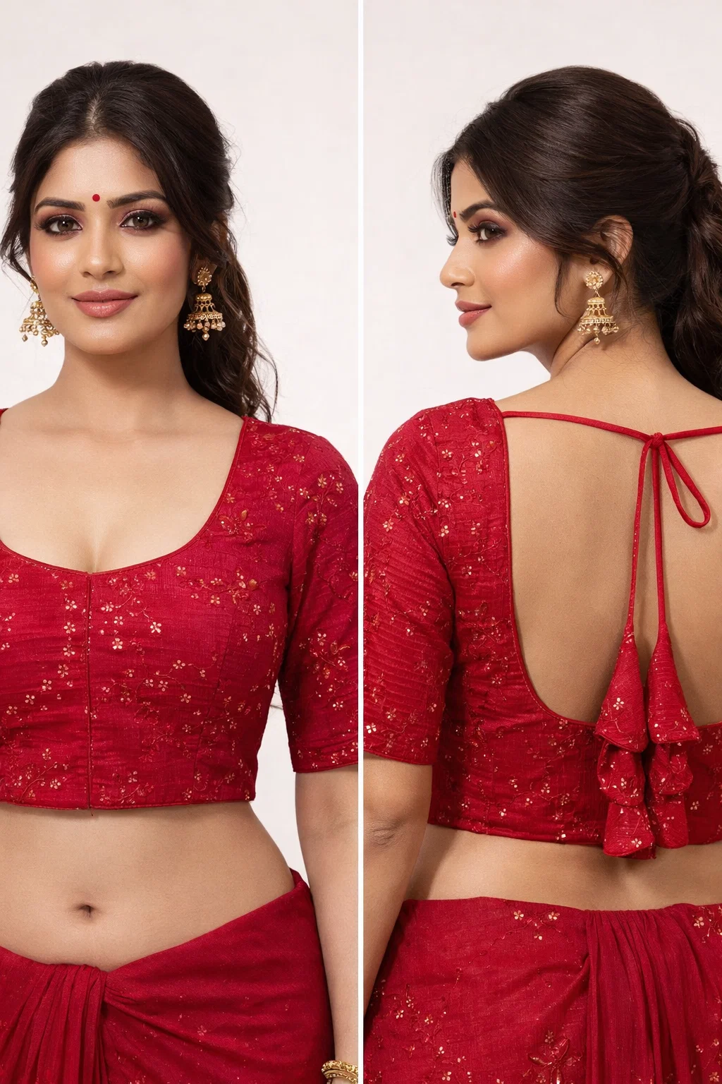 Red Sequins Embellished Padded Saree Blouse with Deep Back & Dori Tie | Elbow Sleeves