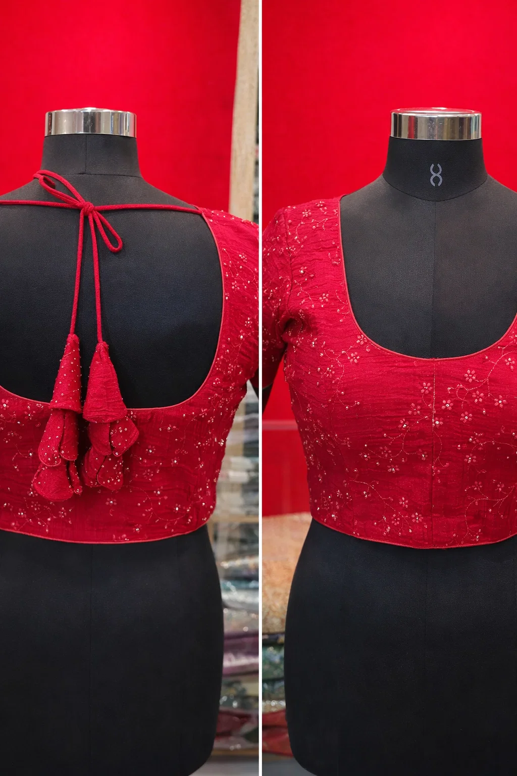 Red Sequins Embellished Padded Saree Blouse with Deep Back & Dori Tie | Elbow Sleeves
