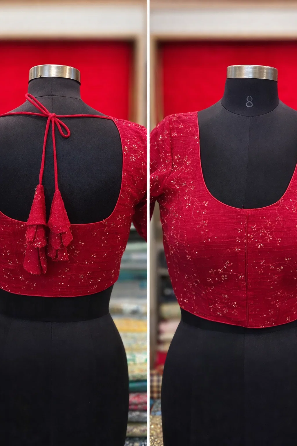 Red Sequins Embellished Padded Saree Blouse with Deep Back & Dori Tie | Elbow Sleeves