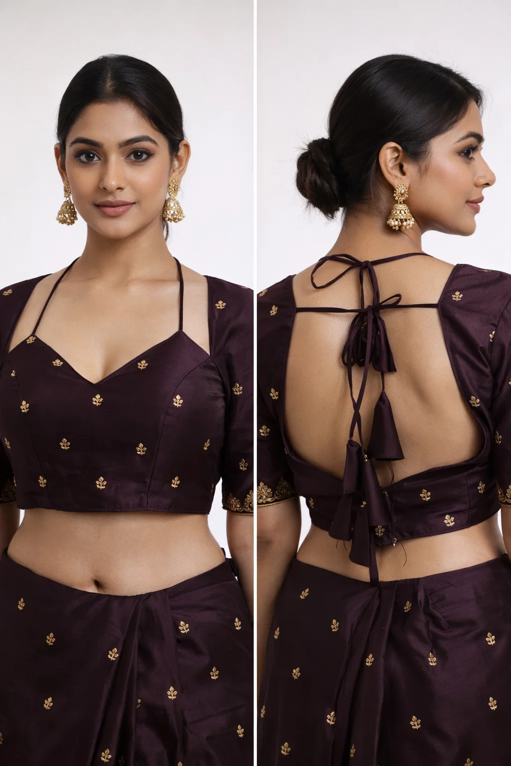Wine Maroon Embellished Silk Designer Blouse with Deep V-Neck & Back Dori