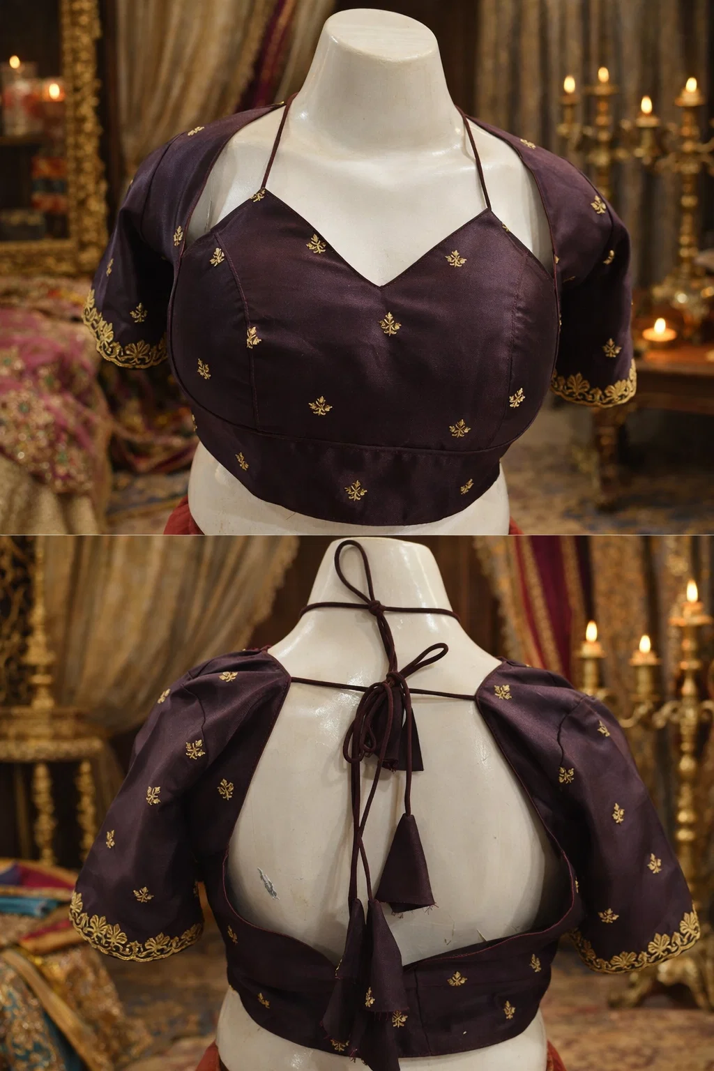 Wine Maroon Embellished Silk Designer Blouse with Deep V-Neck & Back Dori