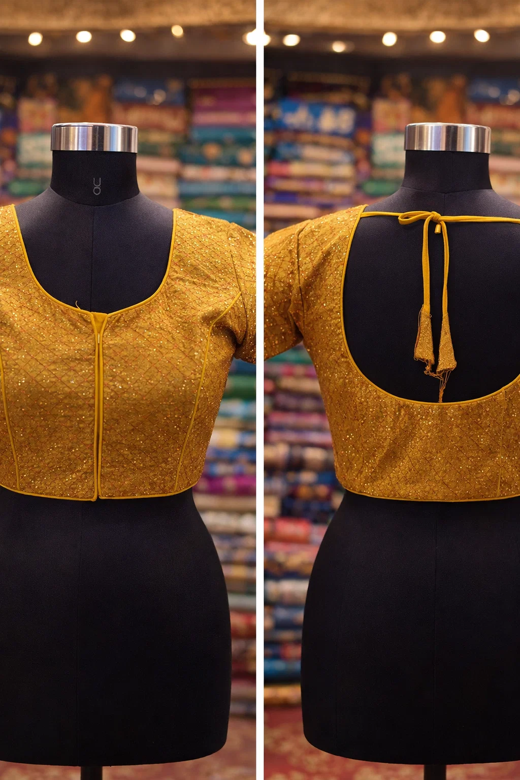 Mustard Yellow Textured Silk Padded Readymade Saree Blouse with Square Neck & Elbow Sleeves