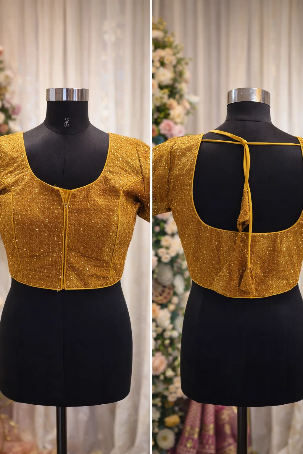 Mustard Yellow Textured Silk Padded Readymade Saree Blouse with Square Neck & Elbow Sleeves