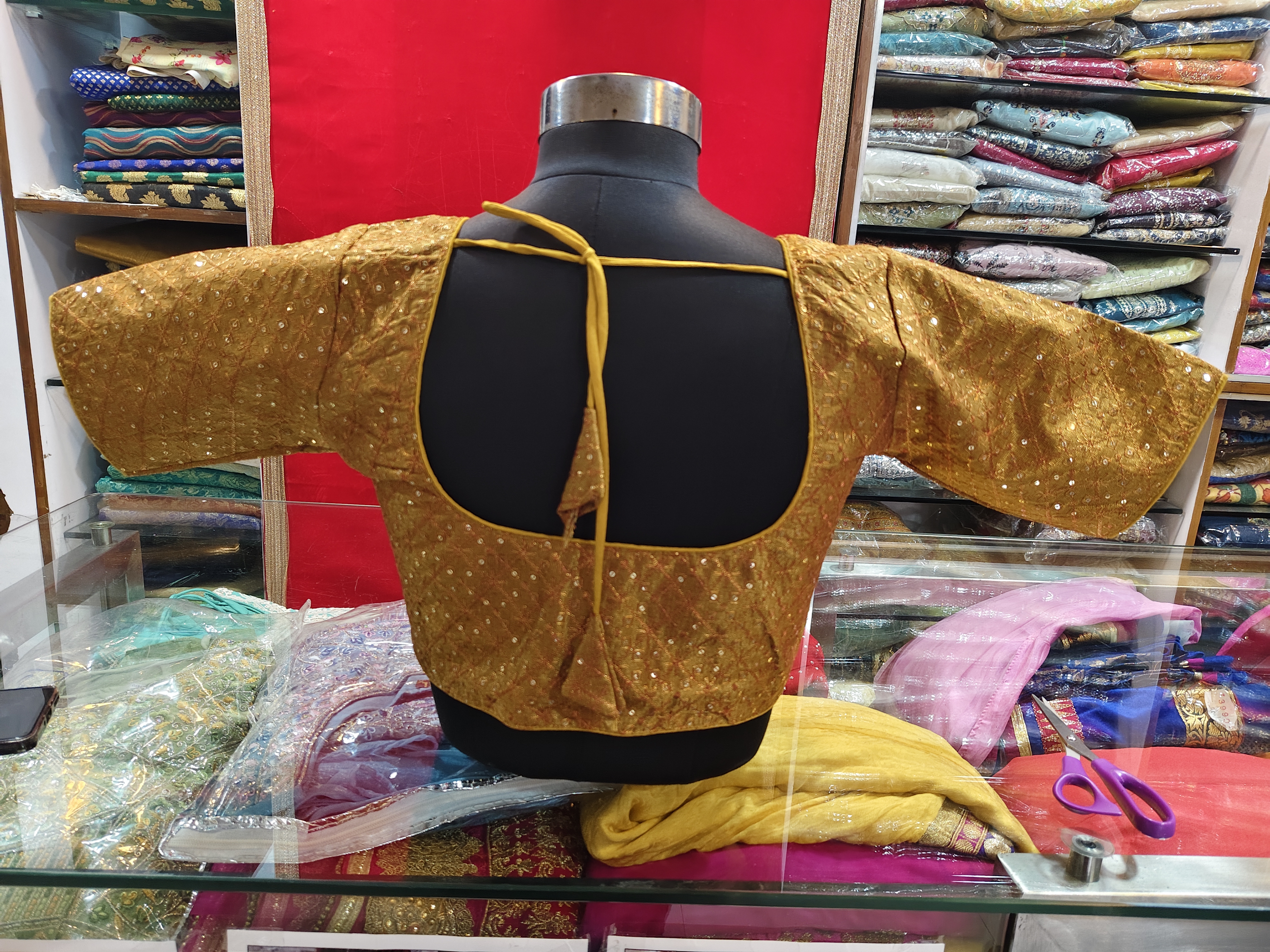 Mustard Yellow Textured Silk Padded Readymade Saree Blouse with Square Neck & Elbow Sleeves