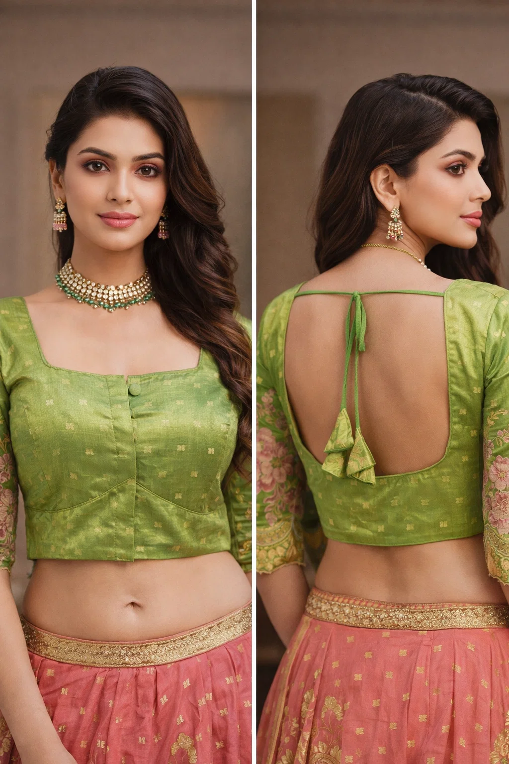 Pista Green Floral Embroidered Silk Readymade Designer Blouse with Back Dori & Half Sleeves