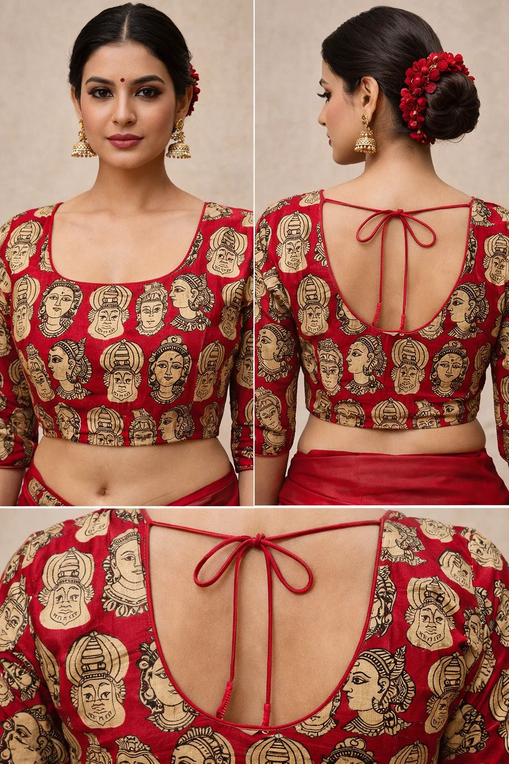 Red Ikat Goddess Face Printed Cotton Blouse – Deep U-Back Tie-Up, Half Sleeves