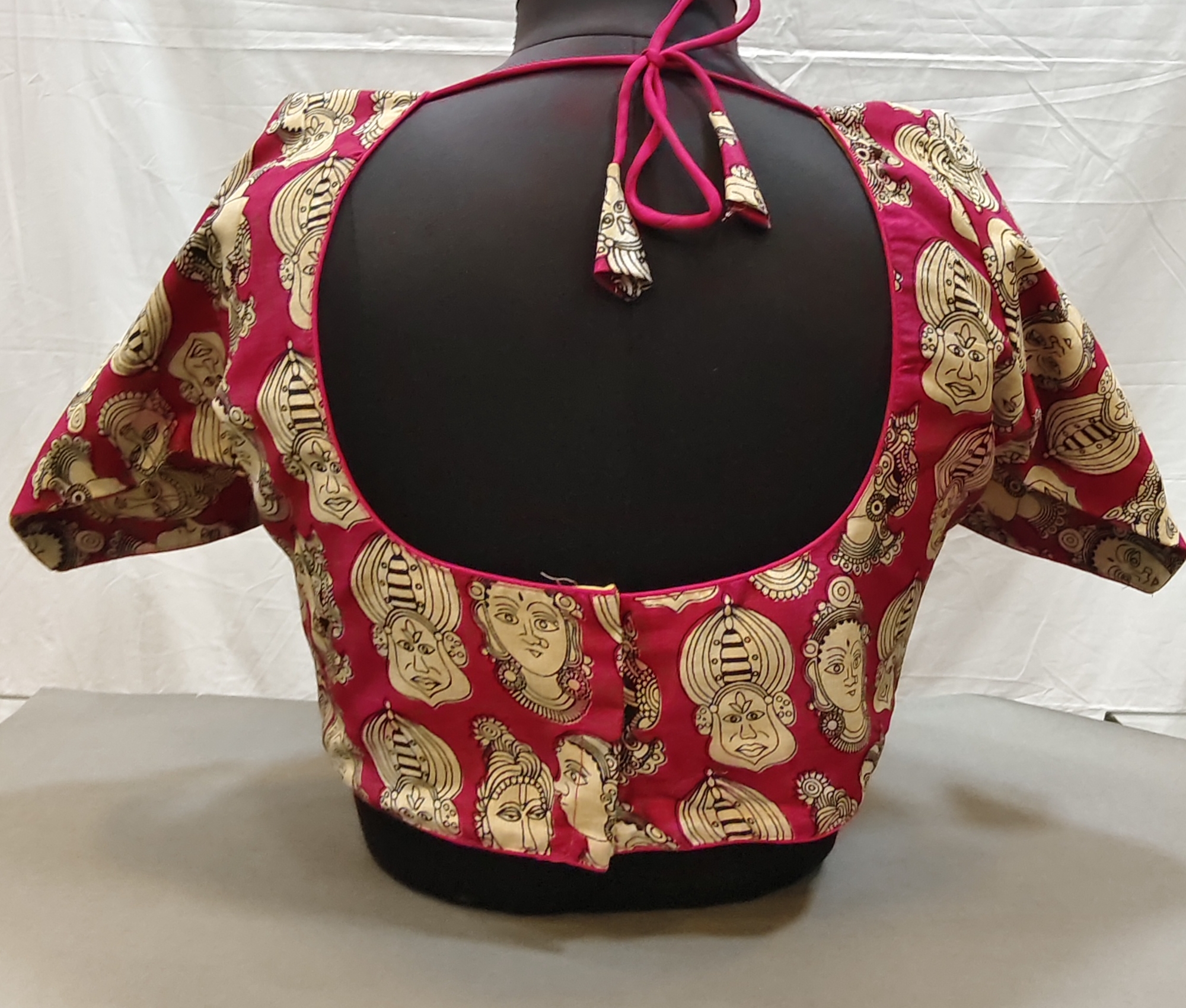 Red Ikat Goddess Face Printed Cotton Blouse – Deep U-Back Tie-Up, Half Sleeves