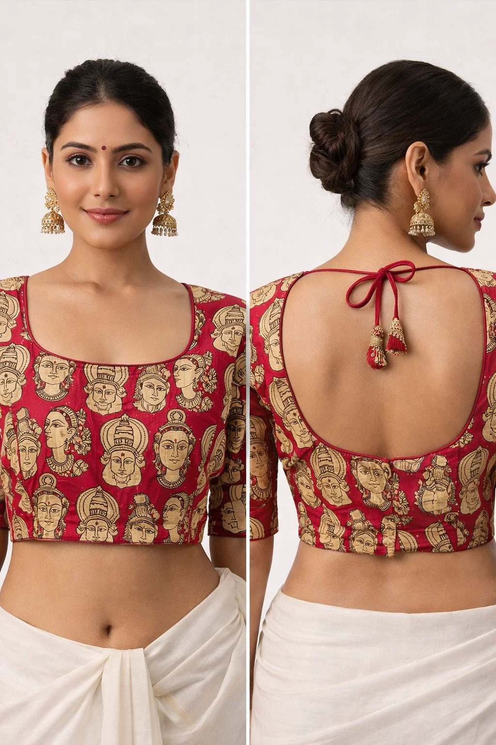 Red Ikat Goddess Face Printed Cotton Blouse – Deep U-Back Tie-Up, Half Sleeves
