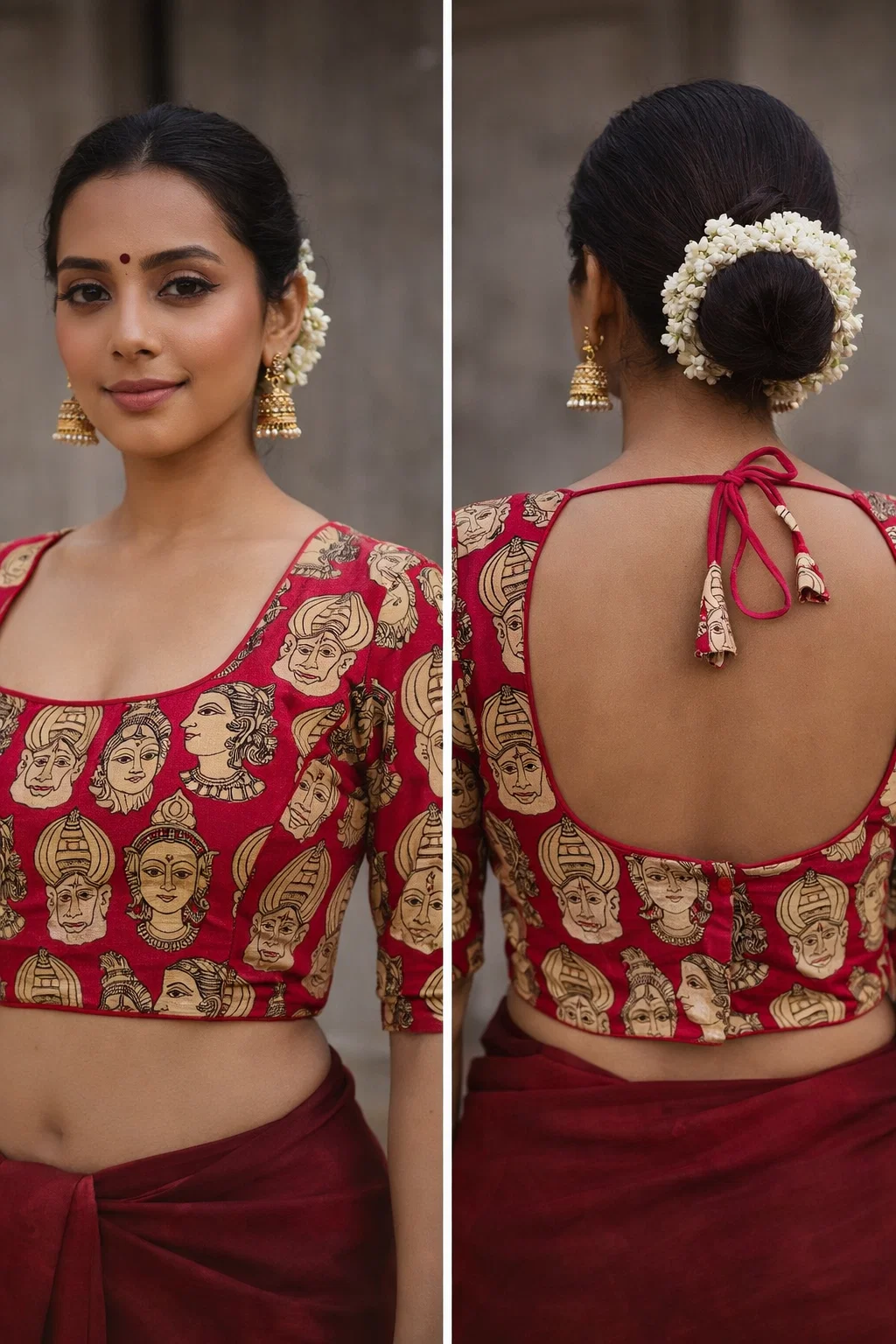 Red Ikat Goddess Face Printed Cotton Blouse – Deep U-Back Tie-Up, Half Sleeves