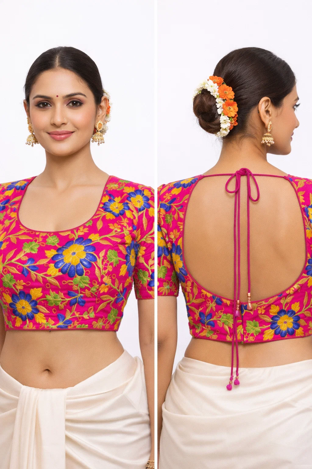 Hot Pink Multicolor Floral Embroidered Designer Blouse for Women