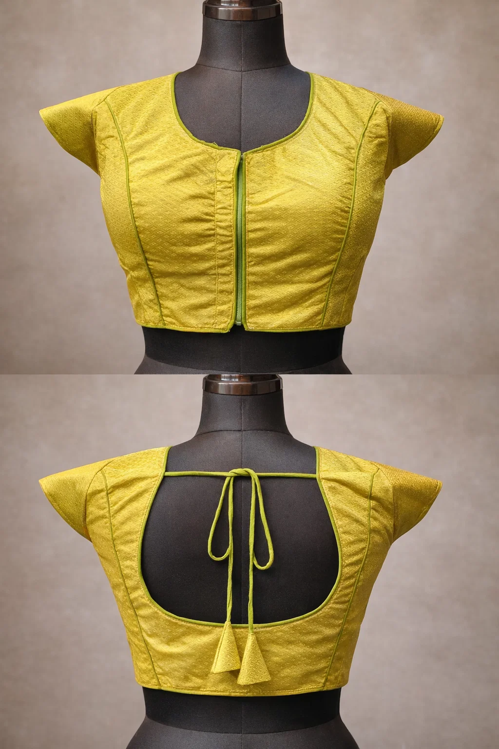 Bright Yellow Silk Designer Blouse with Deep Back & Tie-Up Strings