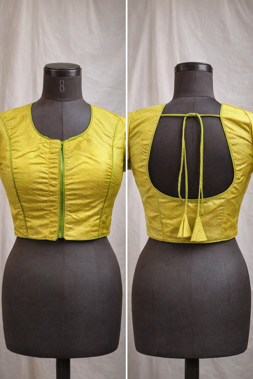 Bright Yellow Silk Designer Blouse with Deep Back & Tie-Up Strings