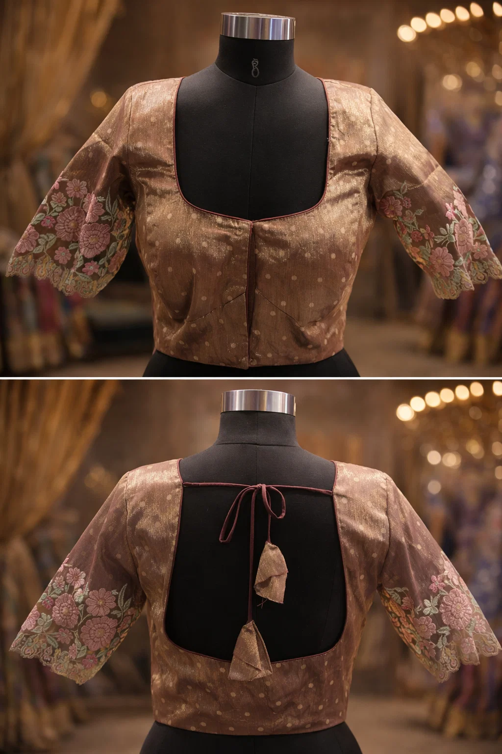 Blush Pink Floral Embroidered Organza Sleeve Back-Dori Readymade Designer Blouse