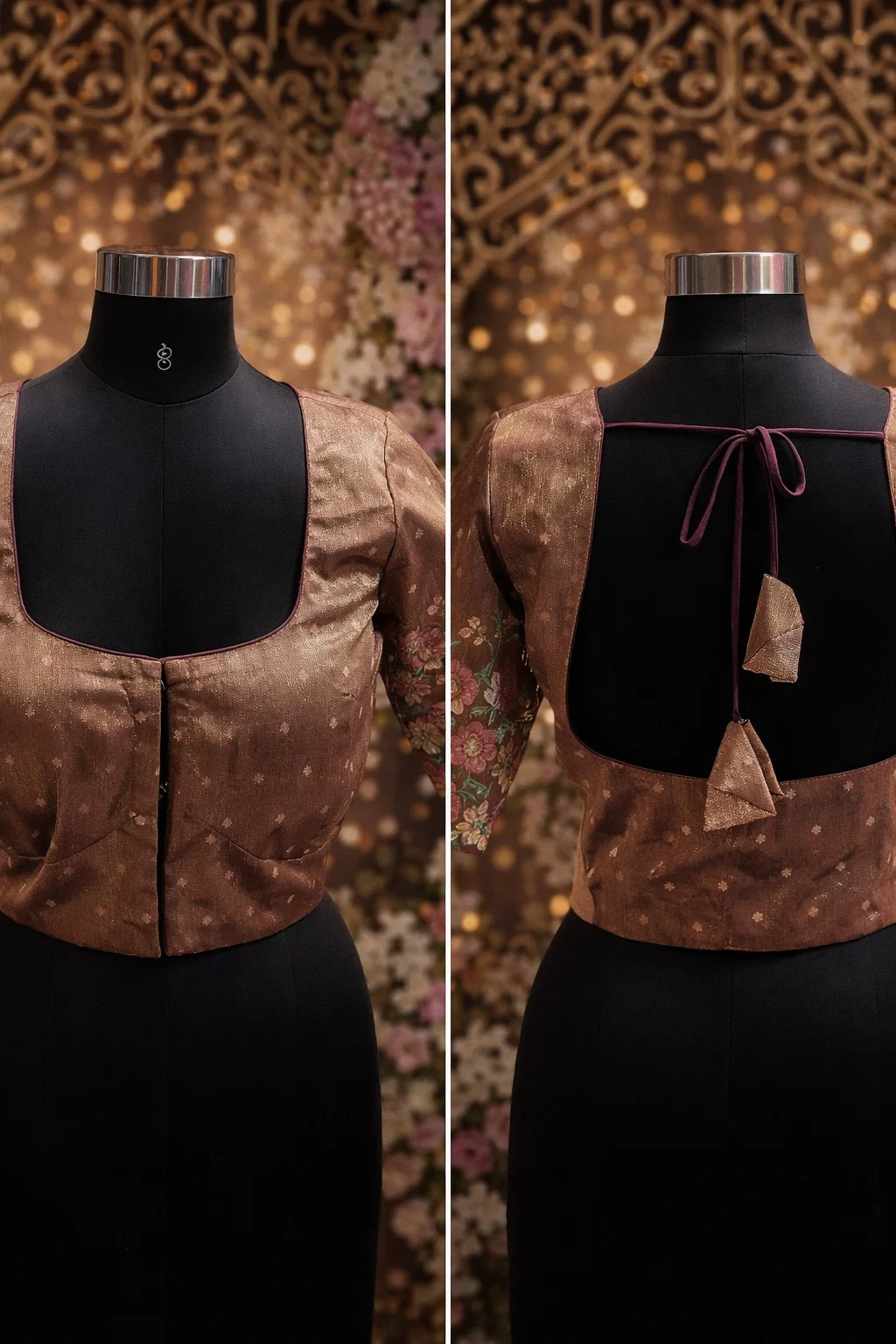 Blush Pink Floral Embroidered Organza Sleeve Back-Dori Readymade Designer Blouse