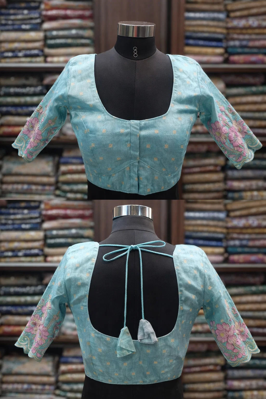 Turquoise Blue Floral Embroidered Silk Readymade Designer Blouse with Back Dori & 3/4th Sleeves