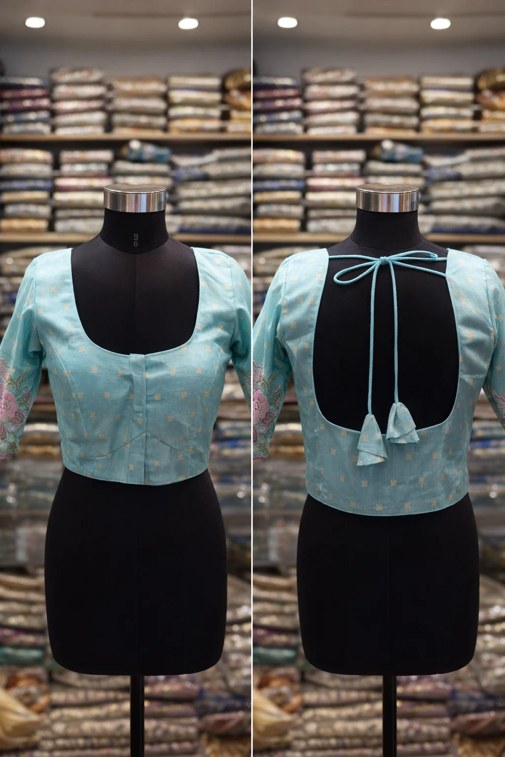 Turquoise Blue Floral Embroidered Silk Readymade Designer Blouse with Back Dori & 3/4th Sleeves