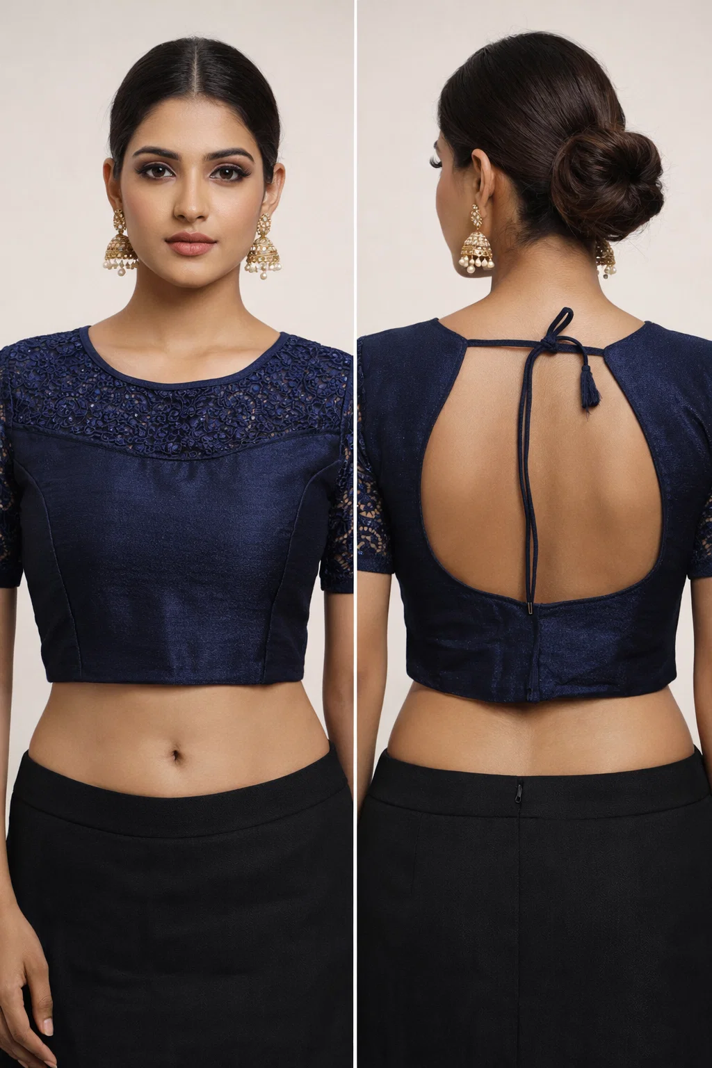 Navy Blue Sequins Sleeve Designer Blouse with Deep Back Tie-Up