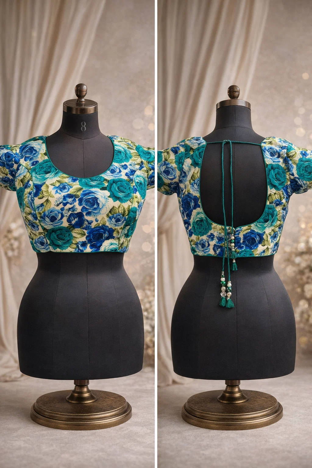 Teal & Blue Floral Printed Designer Blouse with Deep U-Back and Tie-Up Dori