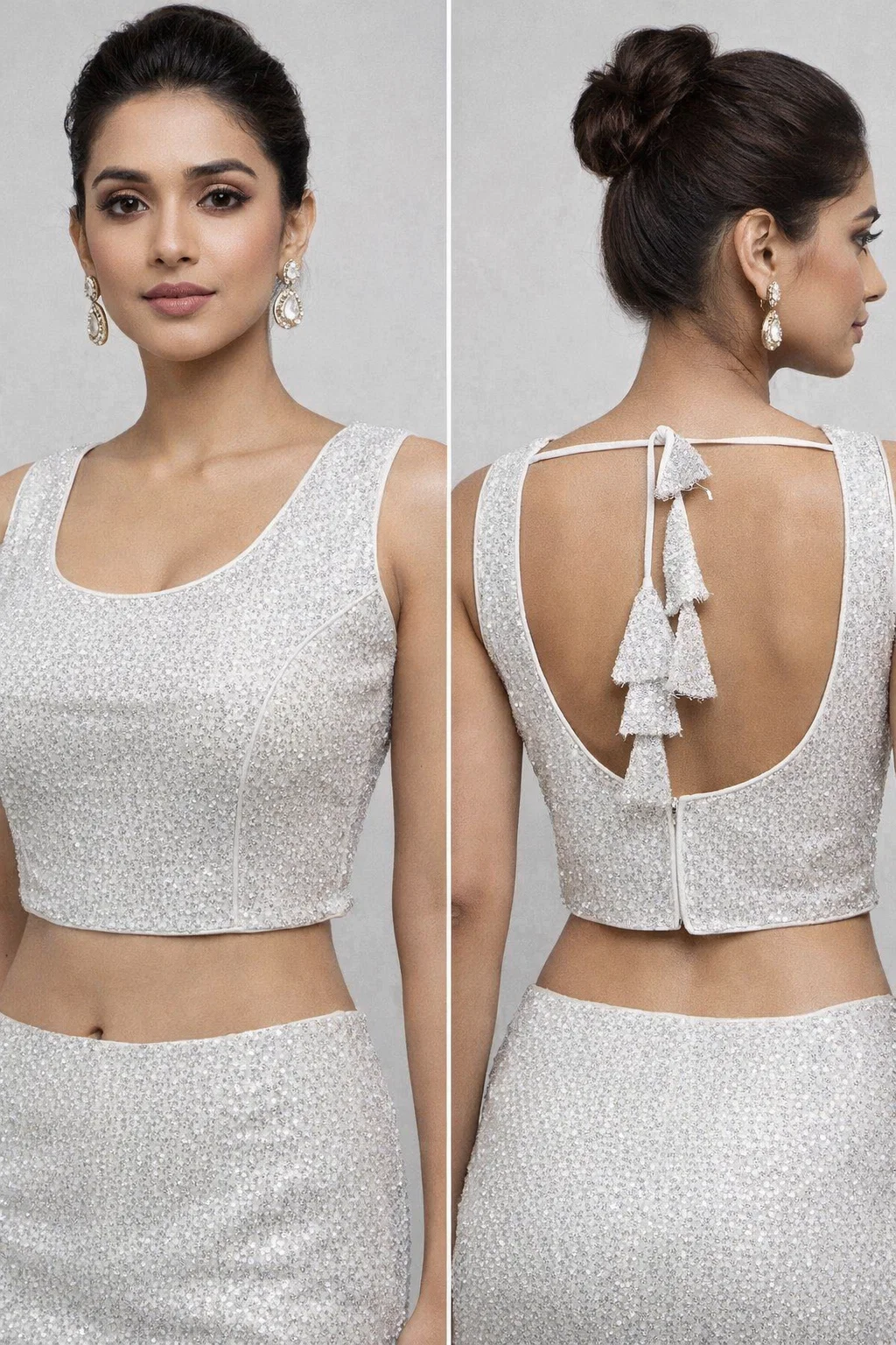 Silver Shimmer V-Neck Designer Blouse with Deep Back & Tassel Tie-Up