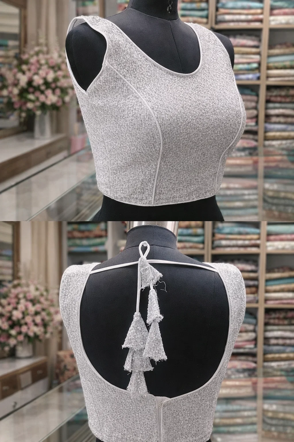 Silver Shimmer V-Neck Designer Blouse with Deep Back & Tassel Tie-Up