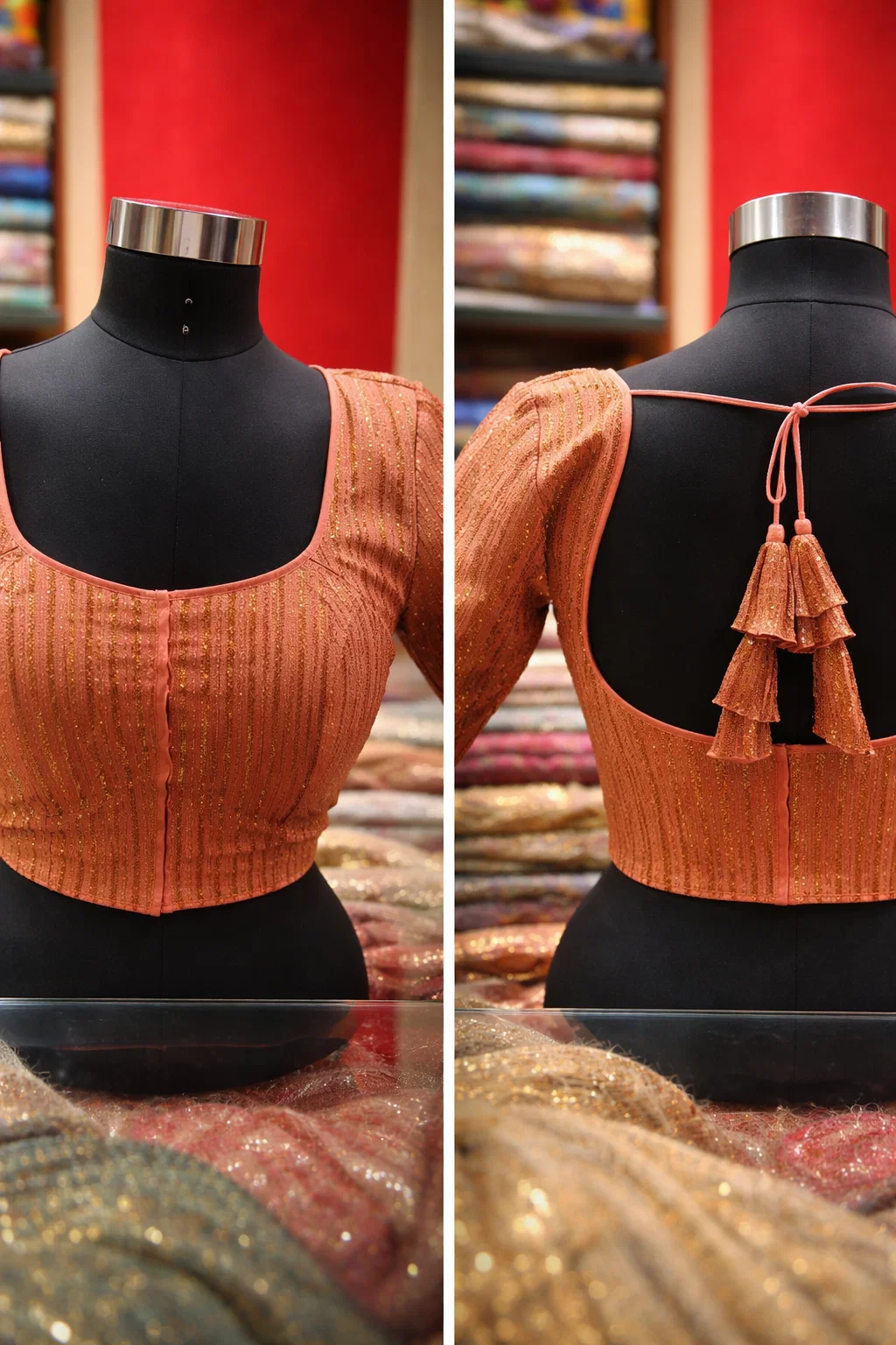 Rust Orange Striped Sequined Designer Blouse with Back Tie-Up & Half Sleeves