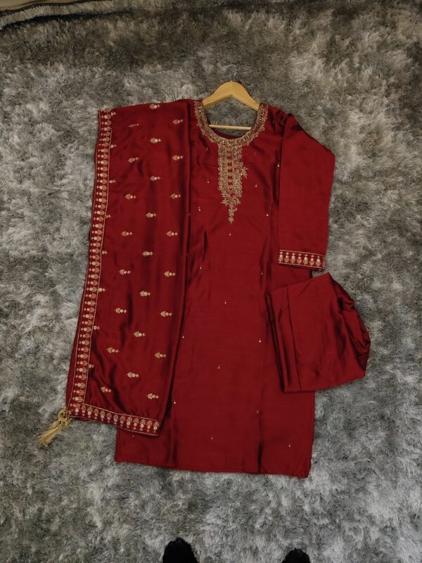 beautiful three piece set with grand embroidery dupatta